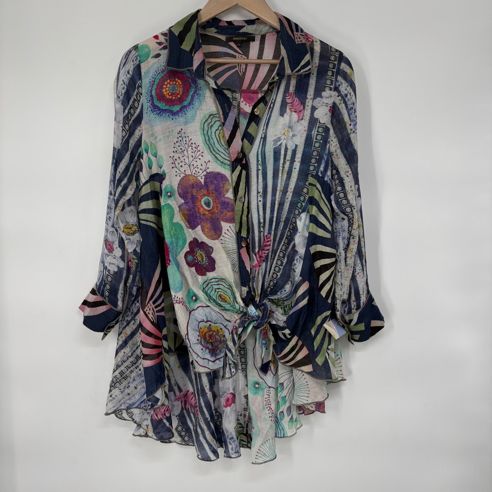 Radzoli Womens Multicolor Floral Geometric Mixed Print Tie Front Tunic Top Med